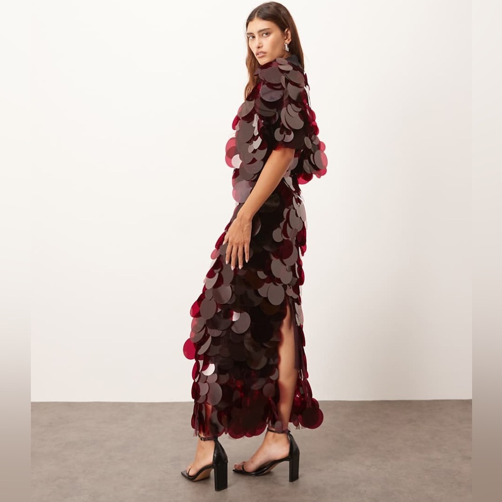 ASOS ARRANGE high neck paillette sequined fringe hem maxi dress in merlot size 2 - Picture 2 of 11